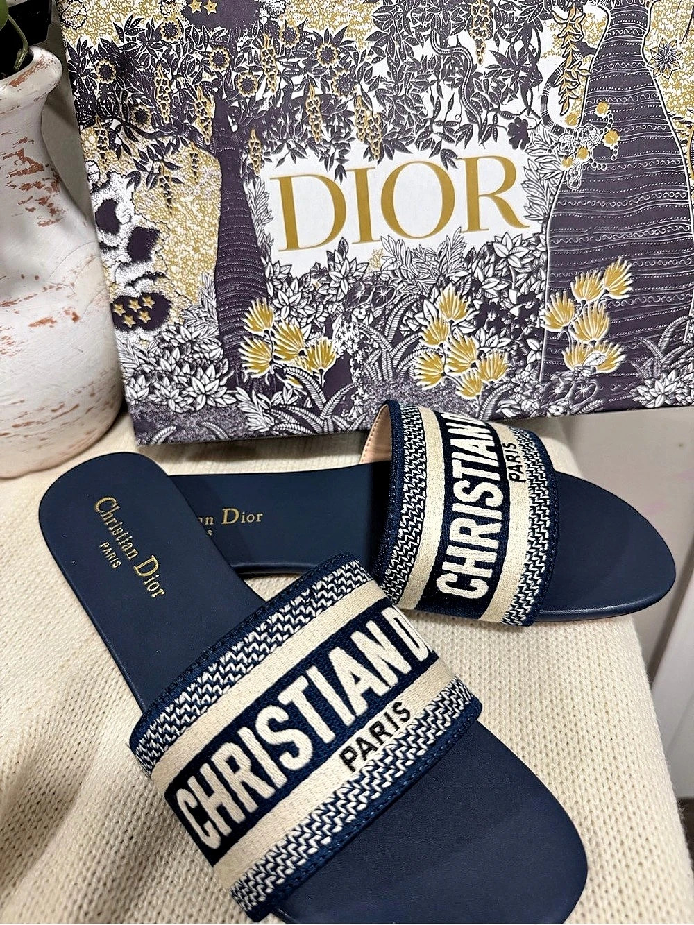 Christian Dior Dway Slide Deep Blue Embroidered Cotton Sandals Blue & White